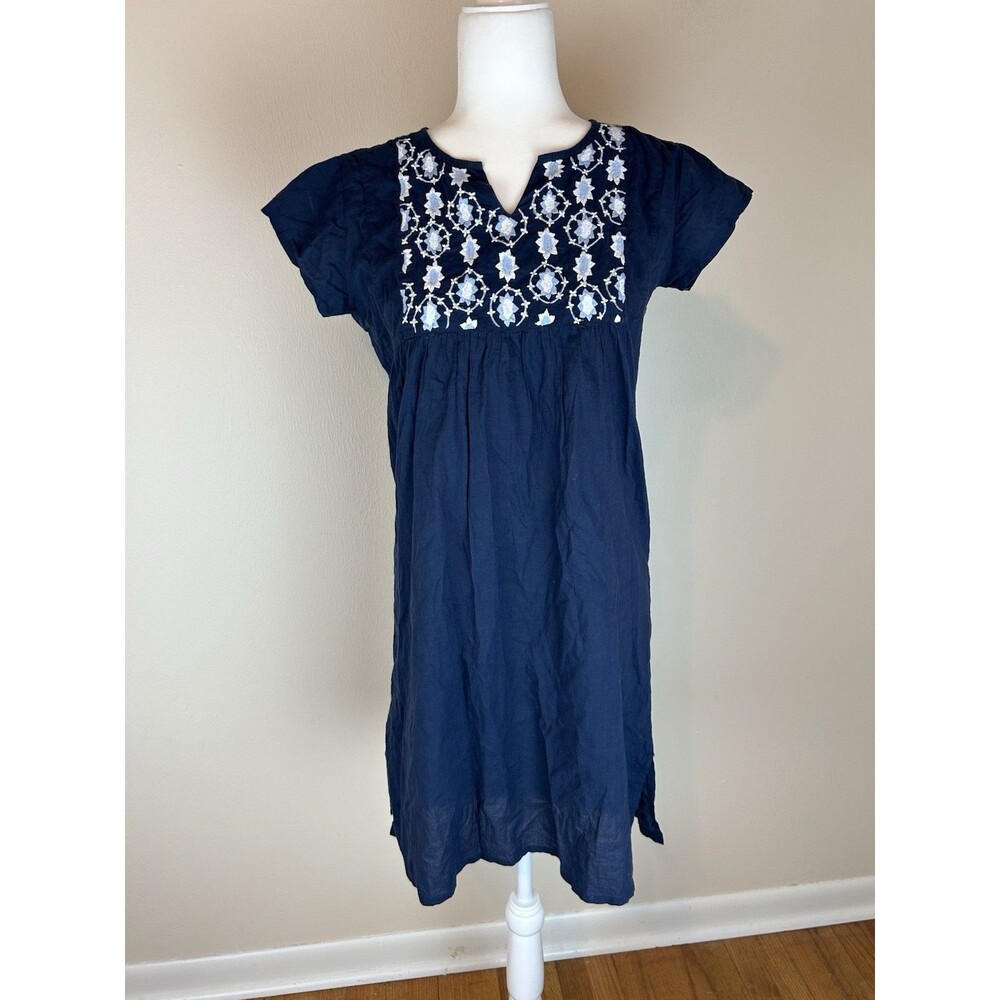 Madison Mathews XS Embroidered Mini Dress Cotton Navy blue Shift Coastal Preppy